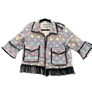 HILARY RADLEY Blazer Sz 6 Women Top Fringed Tweed Fringed Knitted Jacket Multi